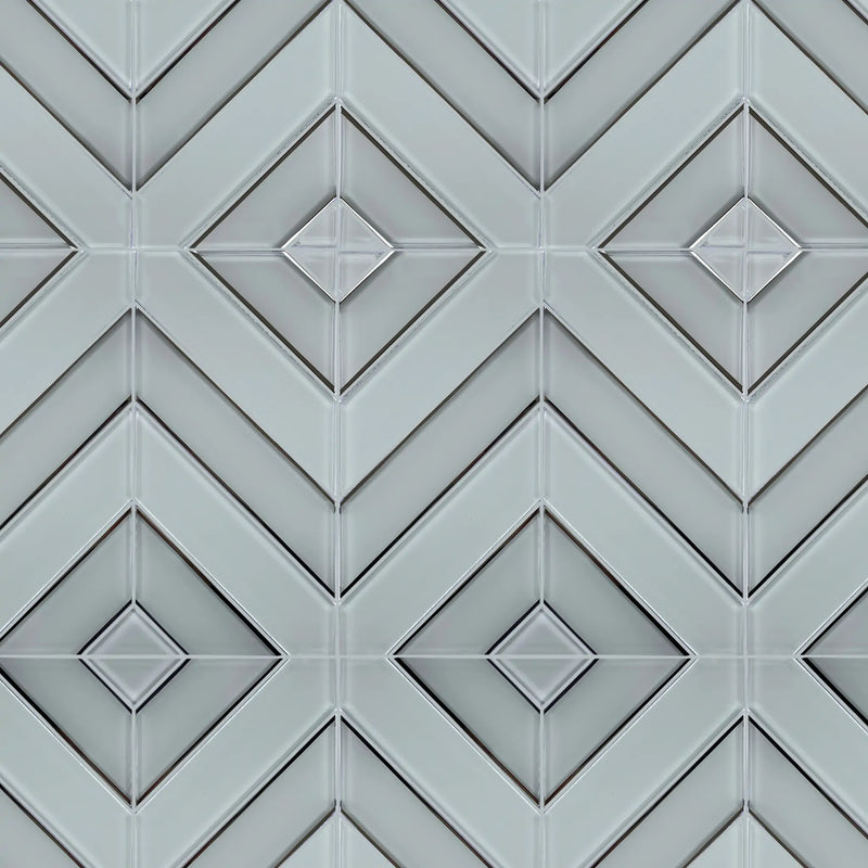 Sample display board of 12x12 inch Diamond Chevron Glass Mosaic Tiles with Metallic Edge – showcasing stylish chevron pattern and metallic finish