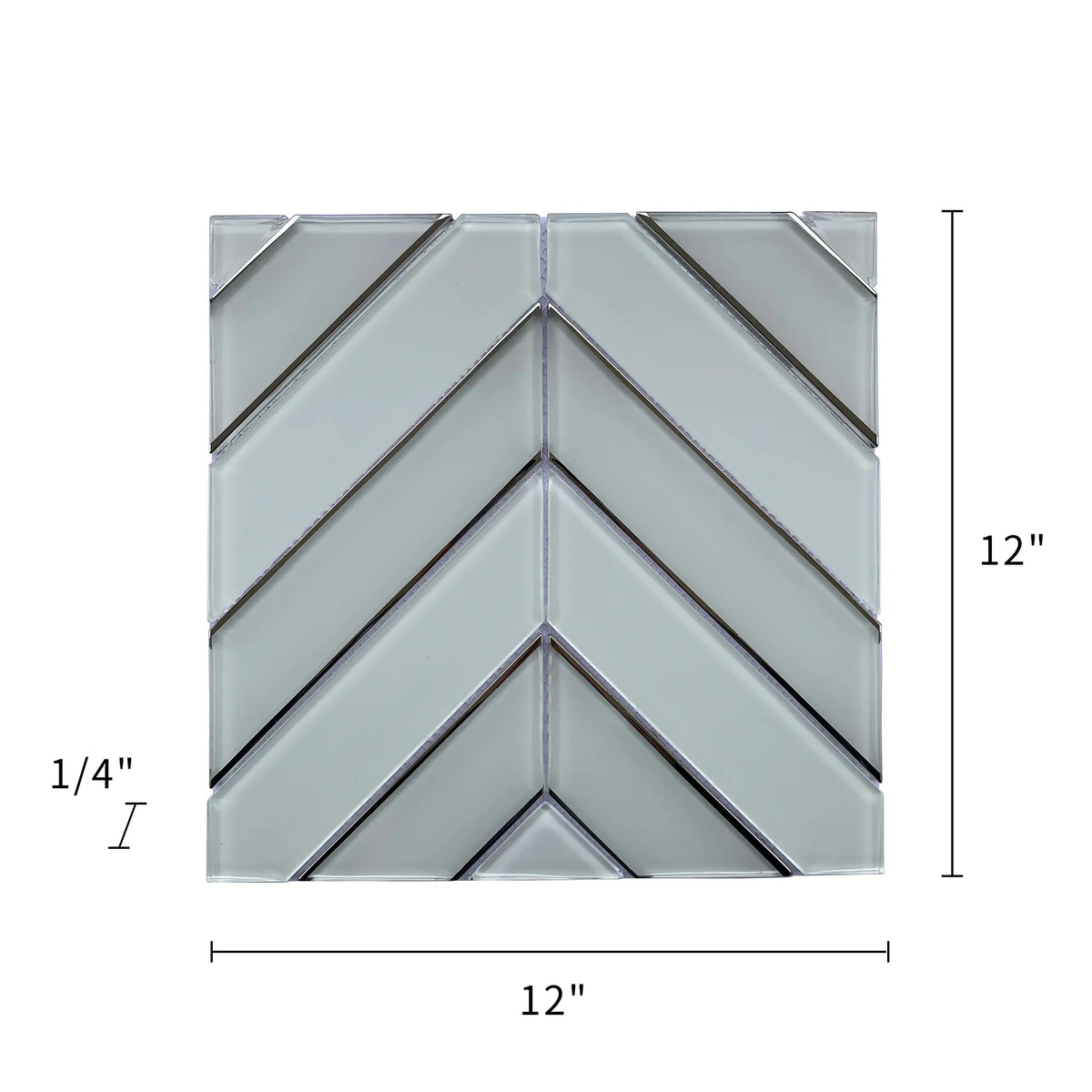 Size diagram of 12x12 inch Diamond Chevron Glass Mosaic Tile with Metallic Edge – labeled for wall installation, 1 sq. ft coverage