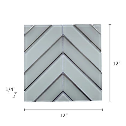 Size diagram of 12x12 inch Diamond Chevron Glass Mosaic Tile with Metallic Edge – labeled for wall installation, 1 sq. ft coverage
