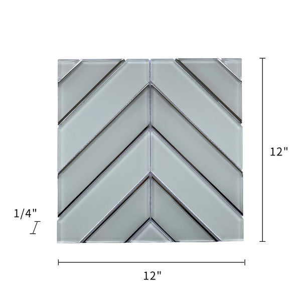 Size diagram of 12x12 inch Diamond Chevron Glass Mosaic Tile with Metallic Edge – labeled for wall installation, 1 sq. ft coverage
