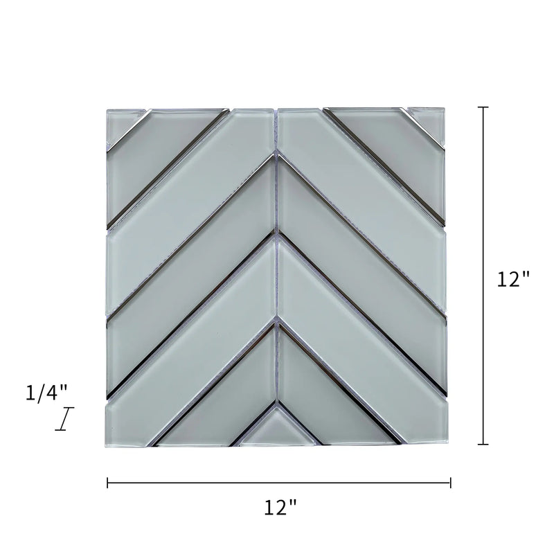 Size diagram of 12x12 inch Diamond Chevron Glass Mosaic Tile with Metallic Edge – labeled for wall installation, 1 sq. ft coverage