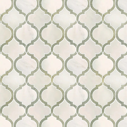 Sample display board of Oriental White and Antique Mirror Lantern Tile – polished marble and mirror combination for showroom visual