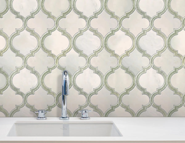 Kitchen backsplash with Oriental White and Antique Mirror Lantern Tile – elegant marble and mirror pattern adds luxury to cooking space