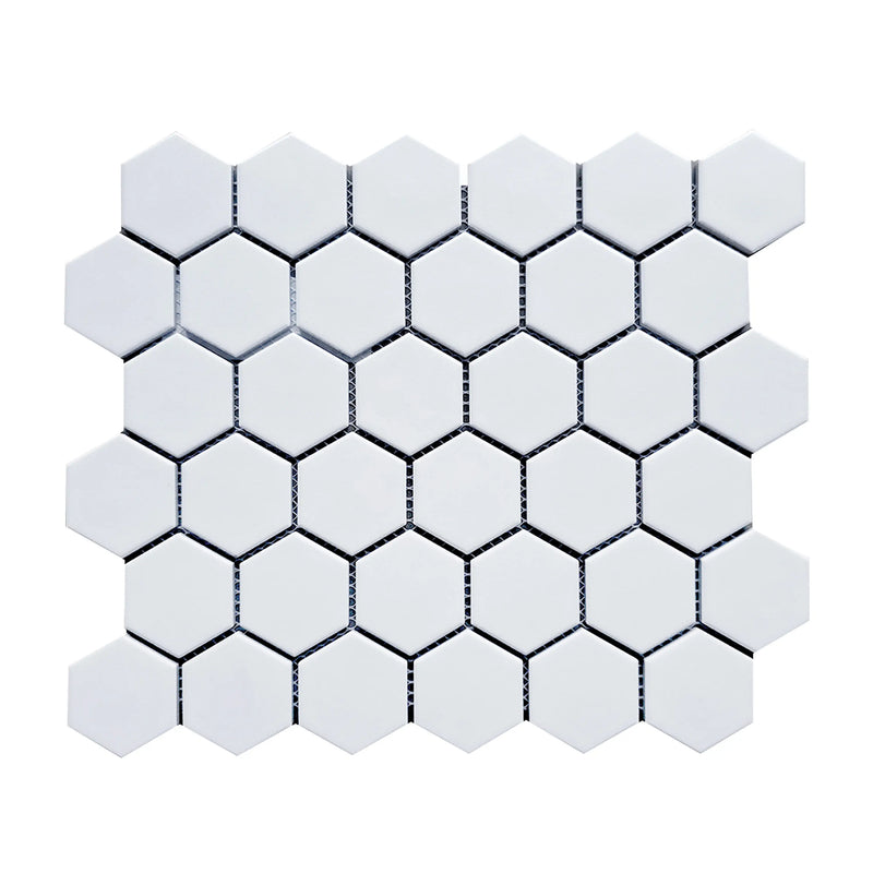 Single 13x11 inch Soft Gray Hexagon Matte Porcelain Mosaic Tile – subtle soft gray 2-inch hexagon pattern.