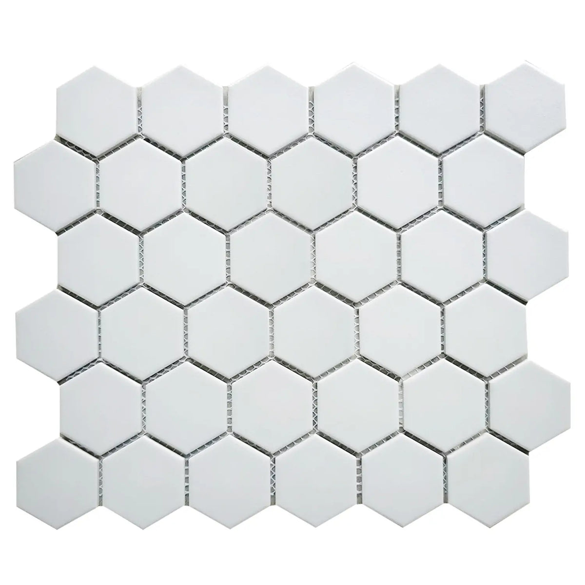 Single 12x12 inch White 2-inch Hexagon Porcelain Mosaic Tile – matte finish surface, ideal for modern floor and wall applications.