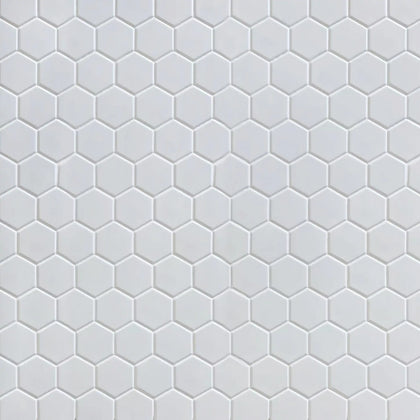Sample board of White 2-in Hexagon Matte Porcelain Mosaic Tile – showroom-ready 12x12 inch sheet presentation for customer viewing.