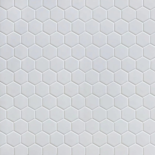 Sample board of White 2-in Hexagon Matte Porcelain Mosaic Tile – showroom-ready 12x12 inch sheet presentation for customer viewing.