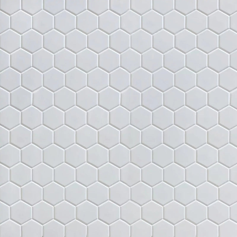 Sample board of White 2-in Hexagon Matte Porcelain Mosaic Tile – showroom-ready 12x12 inch sheet presentation for customer viewing.