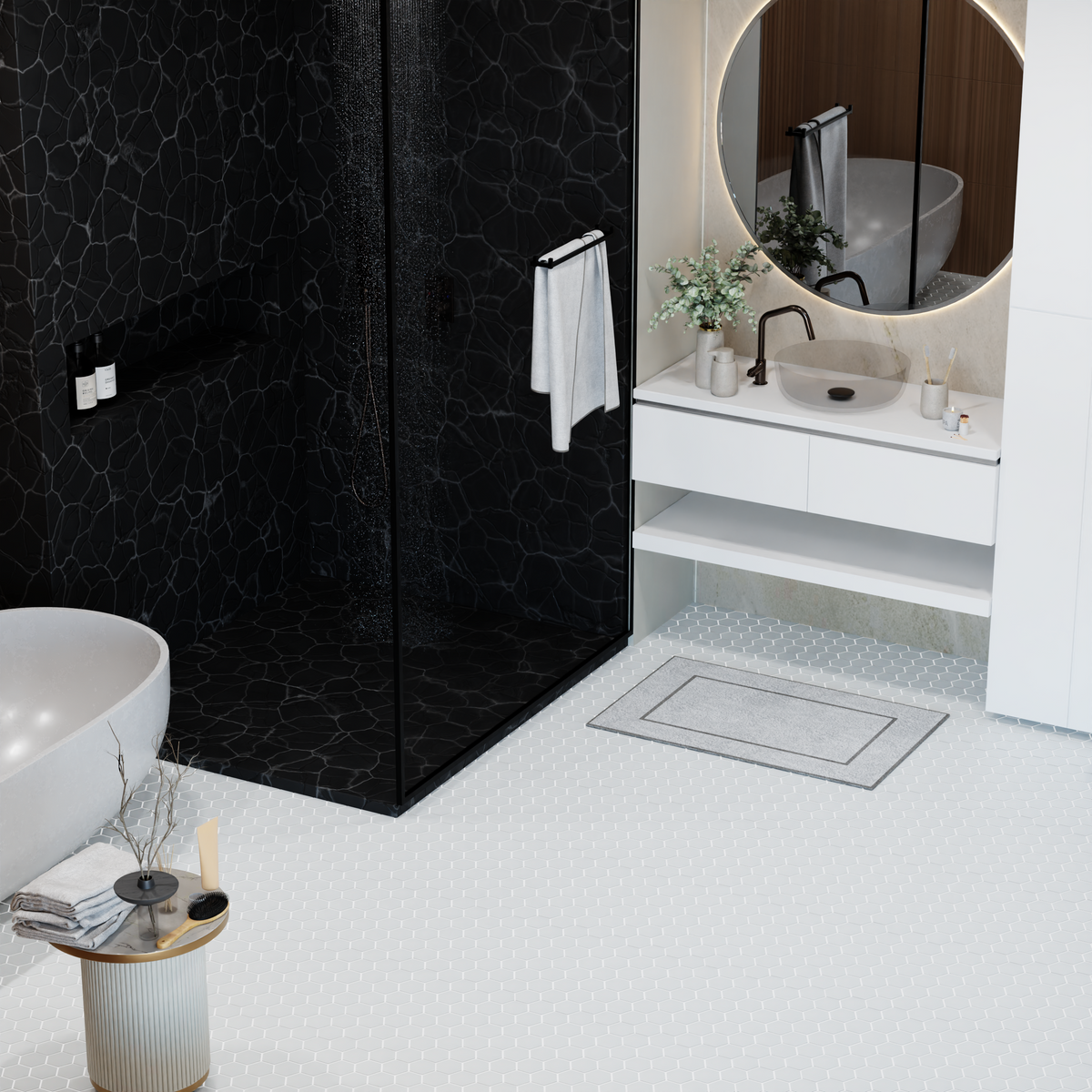 Bright bathroom wall with White 2-inch Hexagon Porcelain Mosaic Tile – matte finish tiles provide a fresh, spa-like feel.