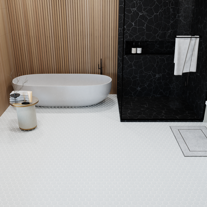 Walk-in shower featuring 12x12 White Hexagon Matte Tiles – porcelain mosaic offers style and slip-resistant surface in wet areas.