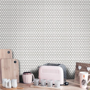 Modern kitchen backsplash with Penny Round White Porcelain Mosaic Tile – matte white rounds creating a subtle yet stylish surface