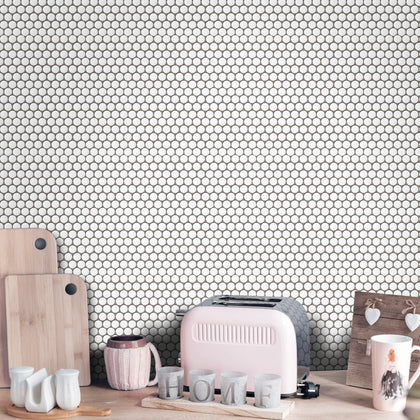 Modern kitchen backsplash with Penny Round White Porcelain Mosaic Tile – matte white rounds creating a subtle yet stylish surface