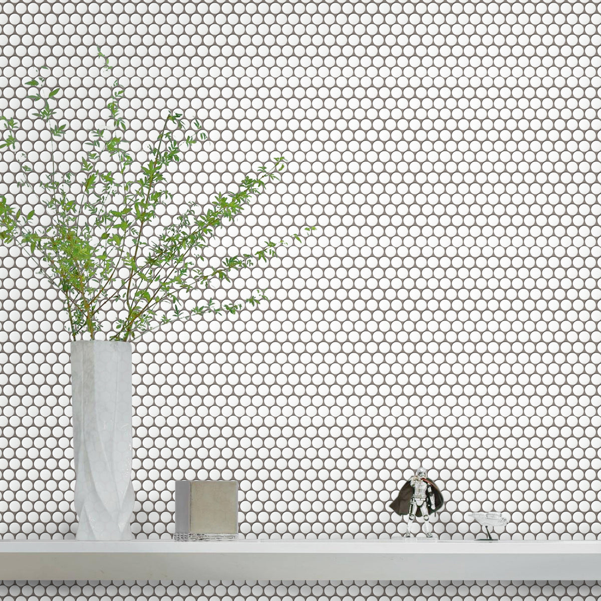 Bathroom wall featuring Penny Round White Mosaic Tiles – classic 12.4x11.5 matte white rounds in a bright, minimalist setting.