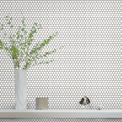 Bathroom wall featuring Penny Round White Mosaic Tiles – classic 12.4x11.5 matte white rounds in a bright, minimalist setting.