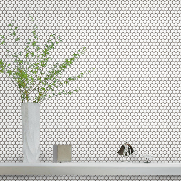 Bathroom wall featuring Penny Round White Mosaic Tiles – classic 12.4x11.5 matte white rounds in a bright, minimalist setting.