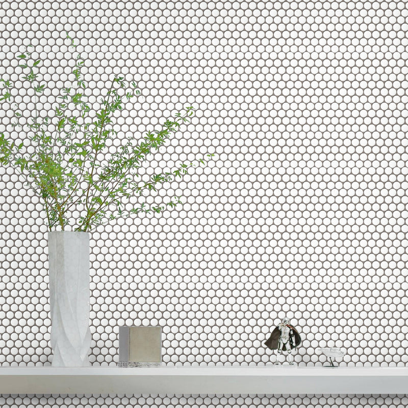 Bathroom wall featuring Penny Round White Mosaic Tiles – classic 12.4x11.5 matte white rounds in a bright, minimalist setting.