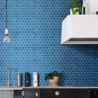 Navy Blue Wave Hexagon Matte Mosaic Tile flooring in kitchen – bold and modern porcelain mosaic design.