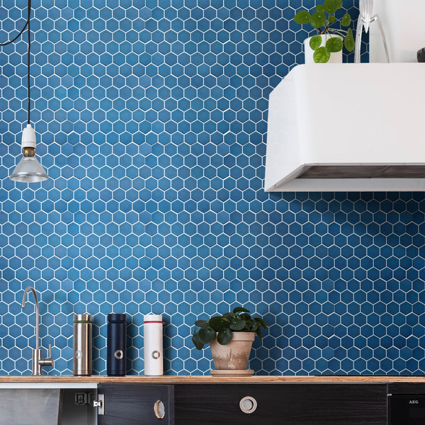 Navy Blue Wave Hexagon Matte Mosaic Tile flooring in kitchen – bold and modern porcelain mosaic design.