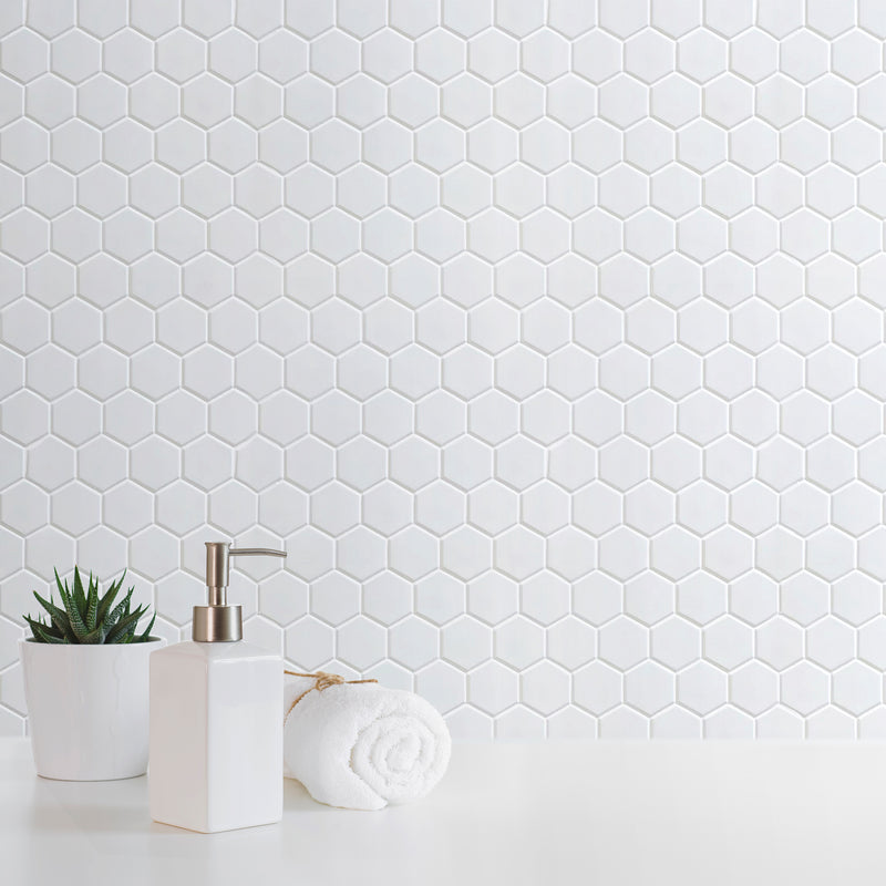 Bathroom wall featuring White 2-inch Hexagon Porcelain Mosaic Tile – matte white hex tiles create a fresh, clean look.