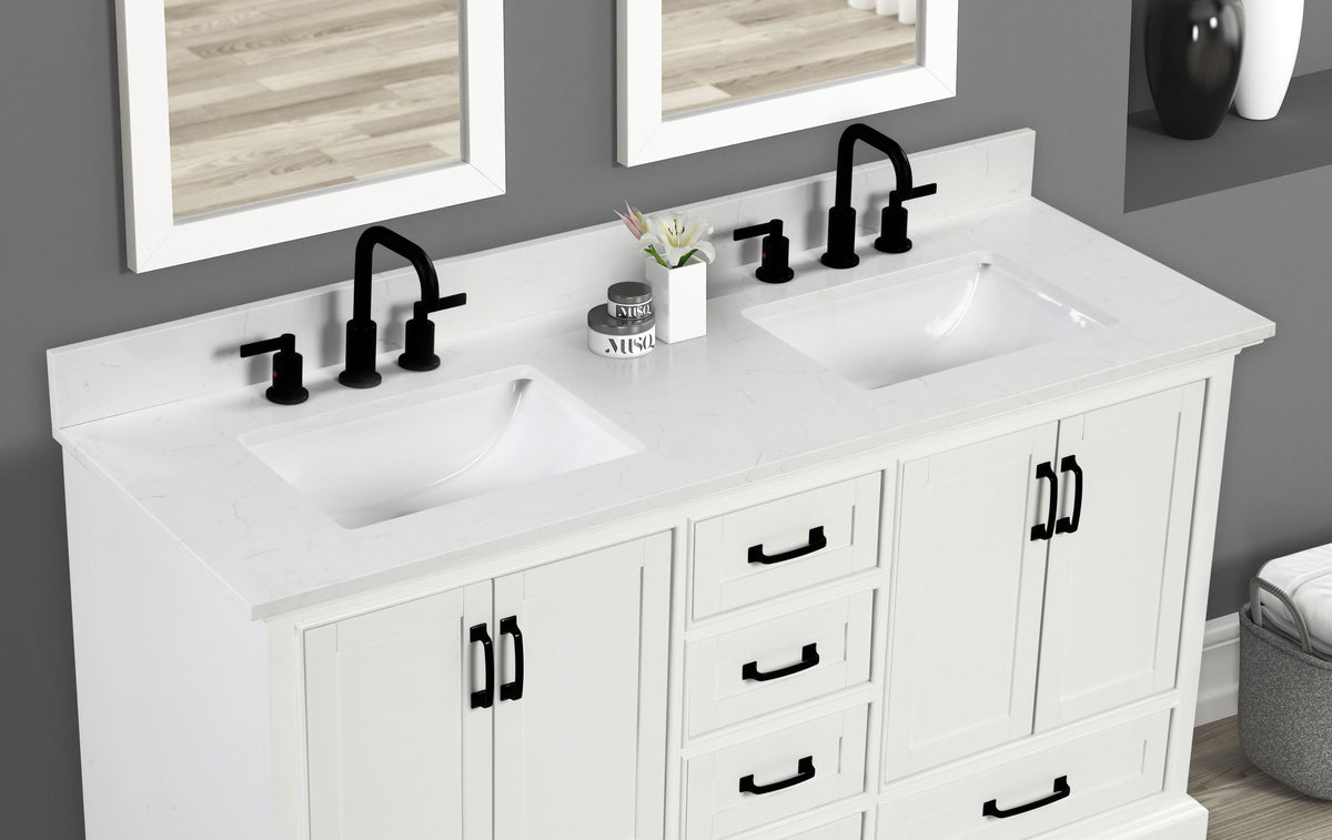 73" Carrara quartz vanity top sink with double basins and black faucets in modern bathroom setting.