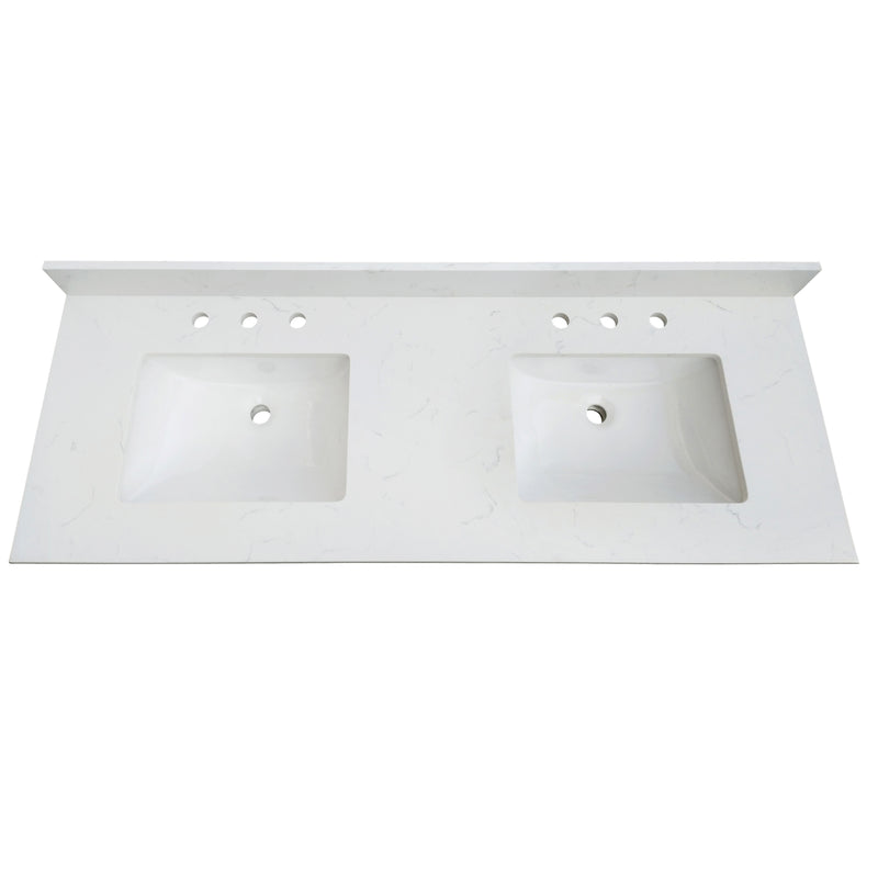 73" Carrara quartz vanity top sink featuring double basins and a sleek design for a luxurious bathroom upgrade.