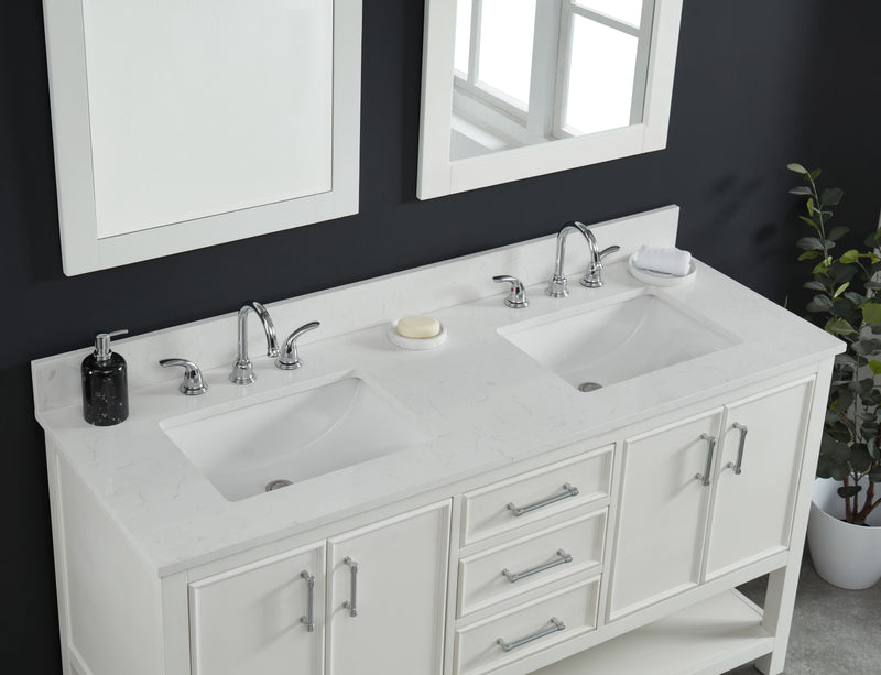 73" Carrara Quartz Vanity Top Sink with dual basins in a modern bathroom setting.