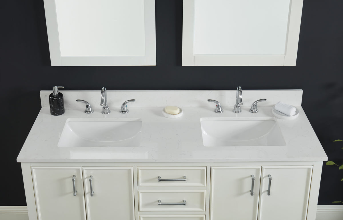73" Carrara Quartz Vanity Top Sink with dual basins and modern faucets, perfect for stylish bathroom upgrades.