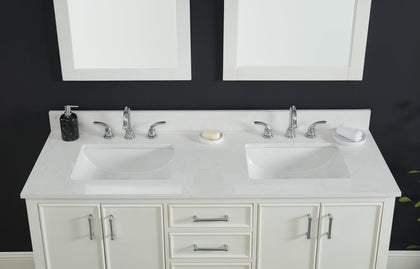 73" Carrara Quartz Vanity Top Sink with dual basins and modern faucets, perfect for stylish bathroom upgrades.