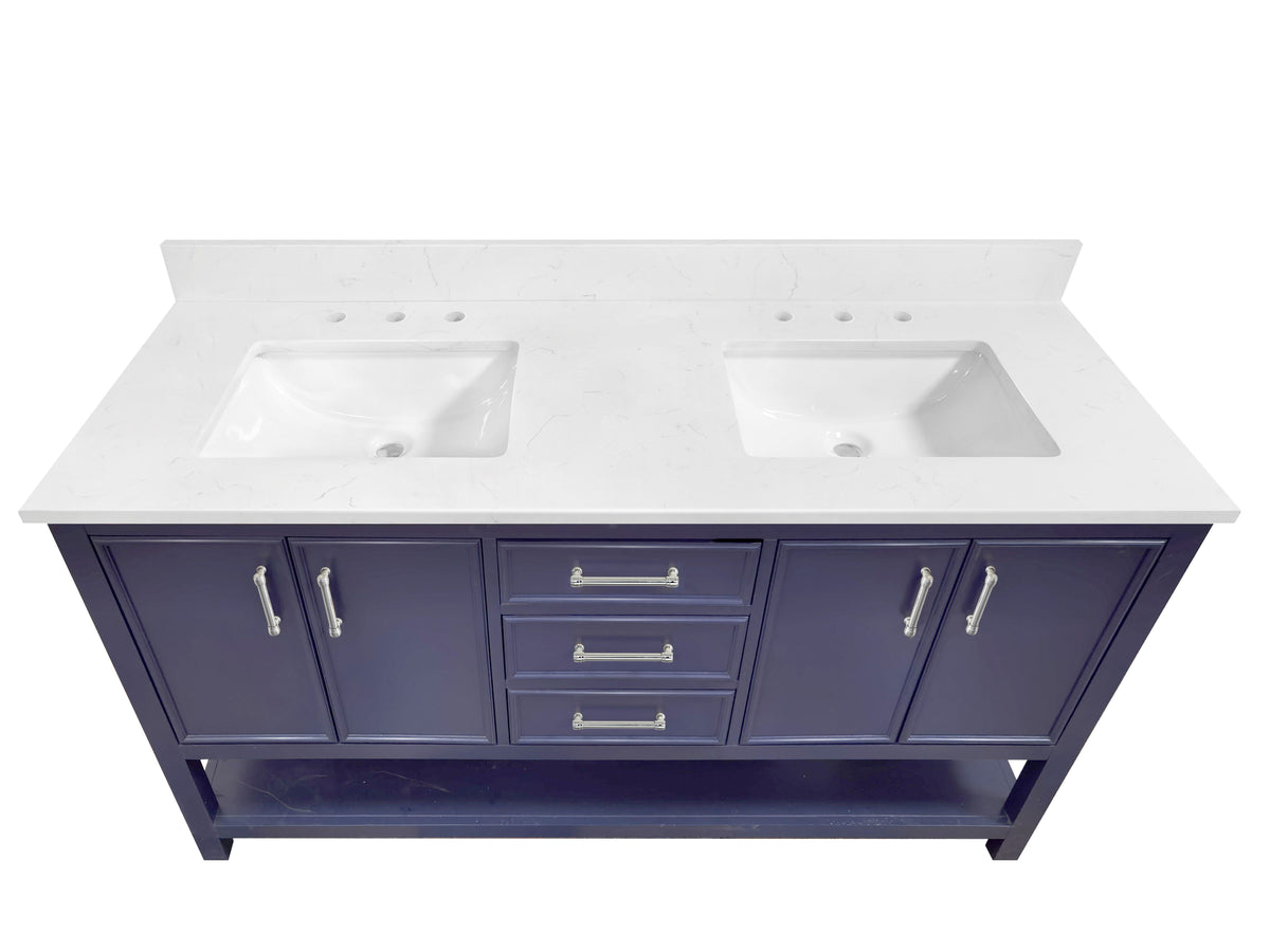 73" Carrara quartz vanity top sink with dual basins and navy cabinet, perfect for contemporary bathrooms.