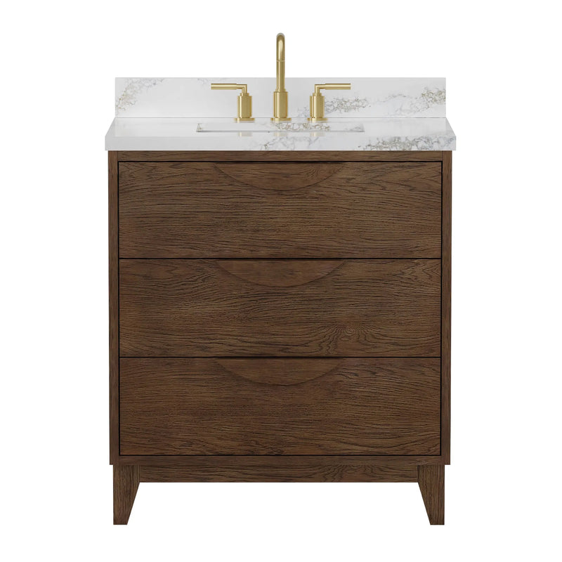 Edmond 30" Vanity Set with Laminated Eased Edge, Calacatta Phoenix Quartz Top in Natural Teak