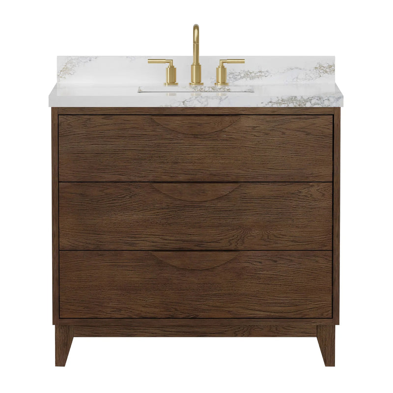 Edmond 36" Vanity Set with Laminated Eased Edge, Calacatta Phoenix Quartz Top in Natural Teak
