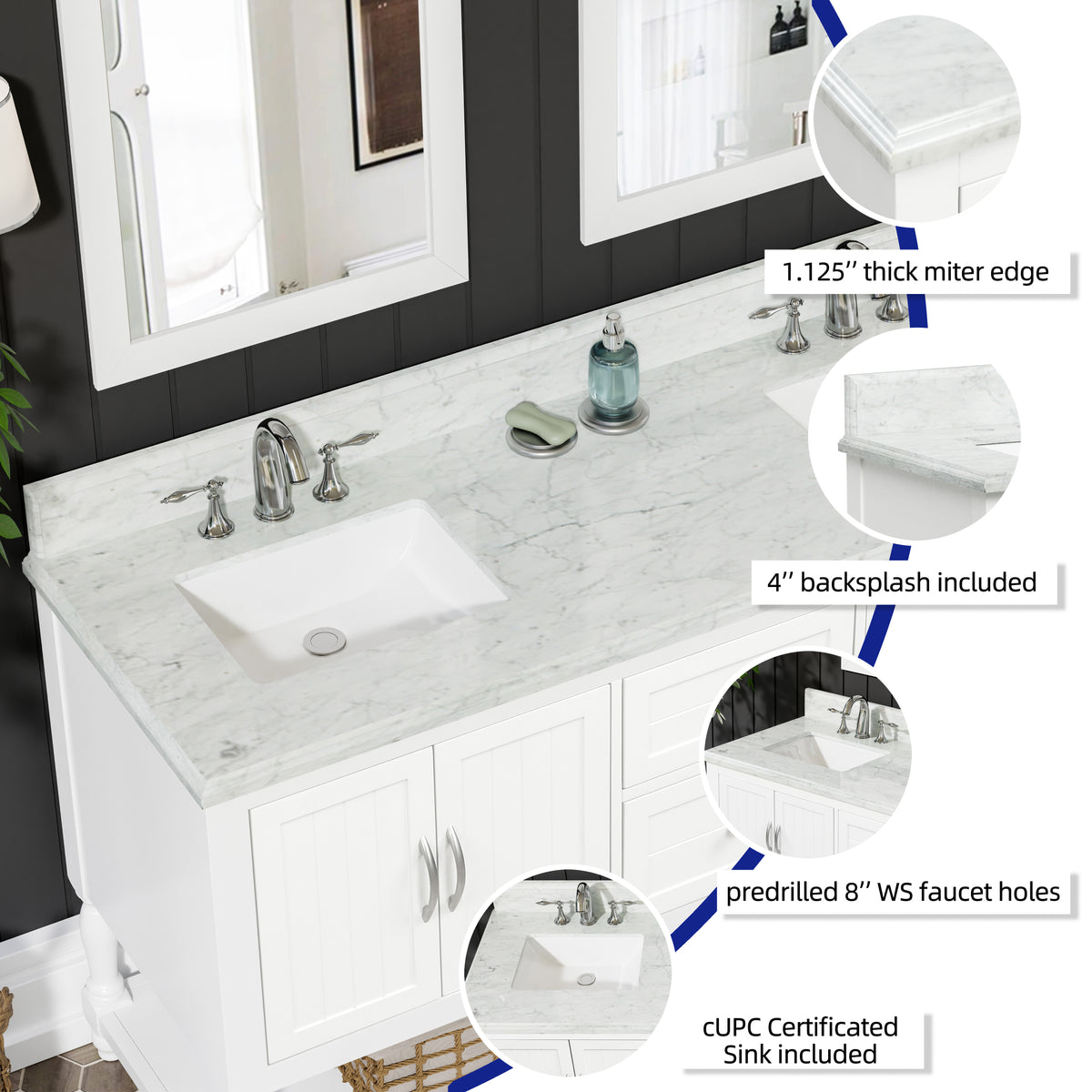 60" Elizabeth Vanity Set with Carrara Marble Top