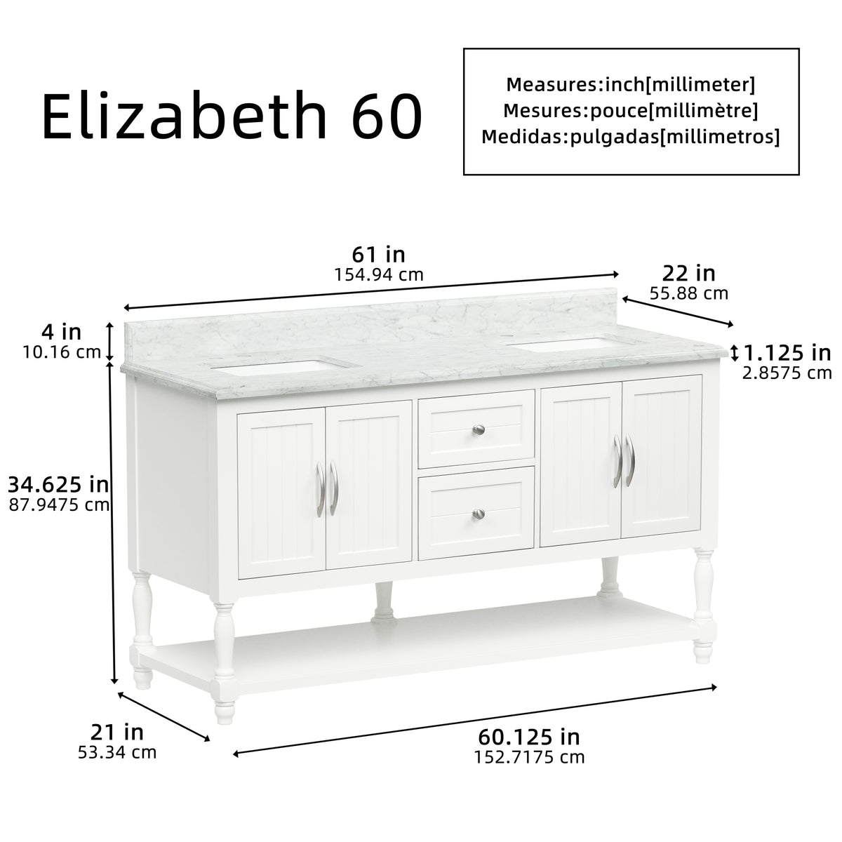 60" Elizabeth Vanity Set with Carrara Marble Top