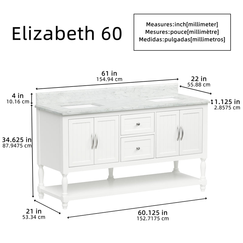 60" Elizabeth Vanity Set with Carrara Marble Top
