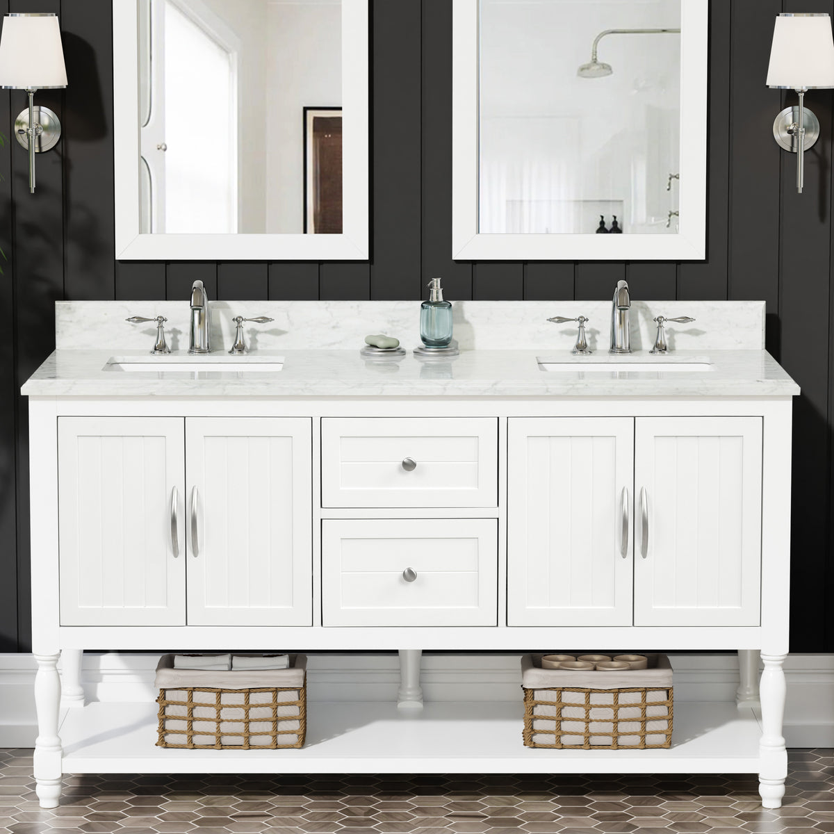 60" Elizabeth Vanity Set with Carrara Marble Top