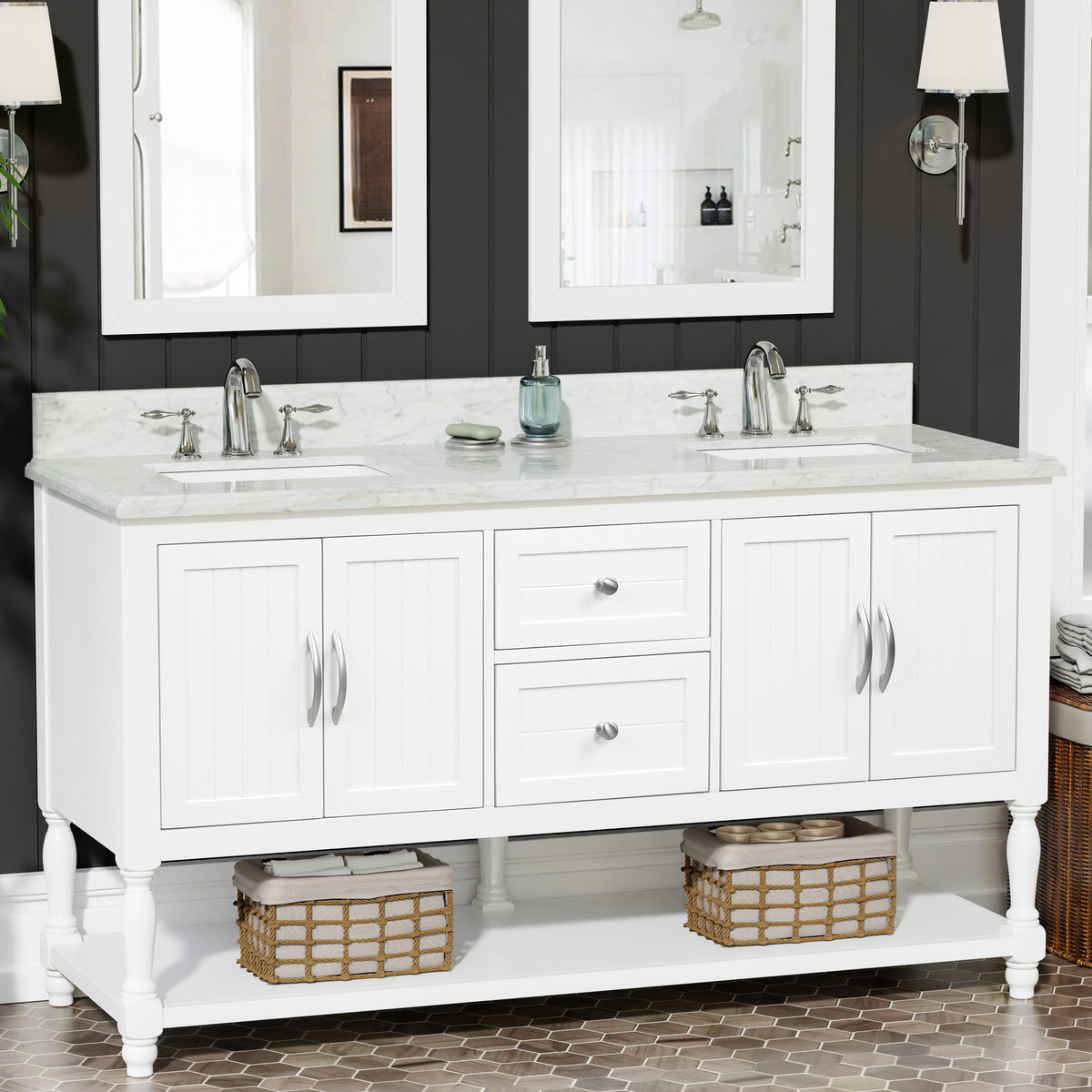 60" Elizabeth Vanity Set with Carrara Marble Top