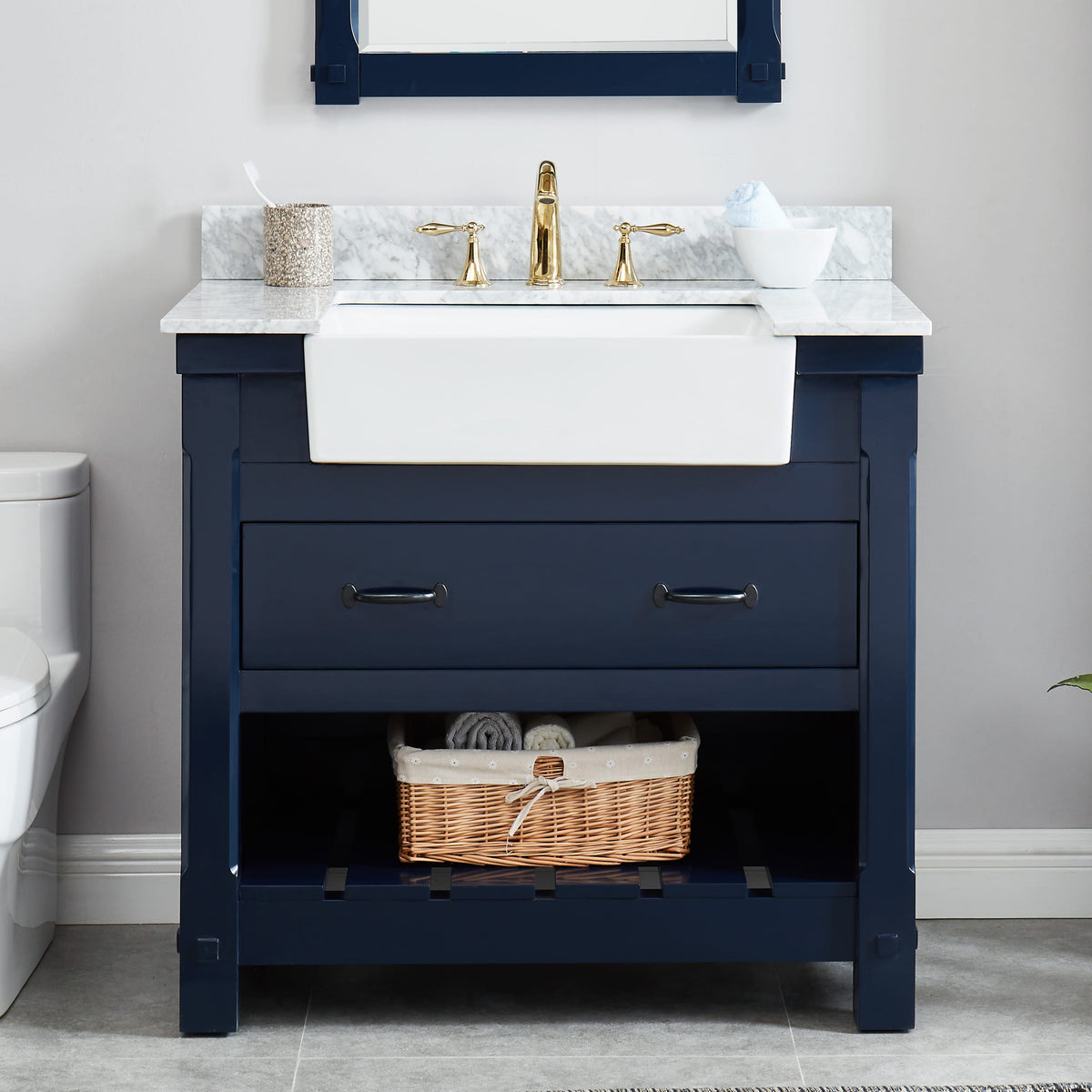 Farmington navy blue 36" Open Shelf Vanity Set with Premium Carrara Marble Top