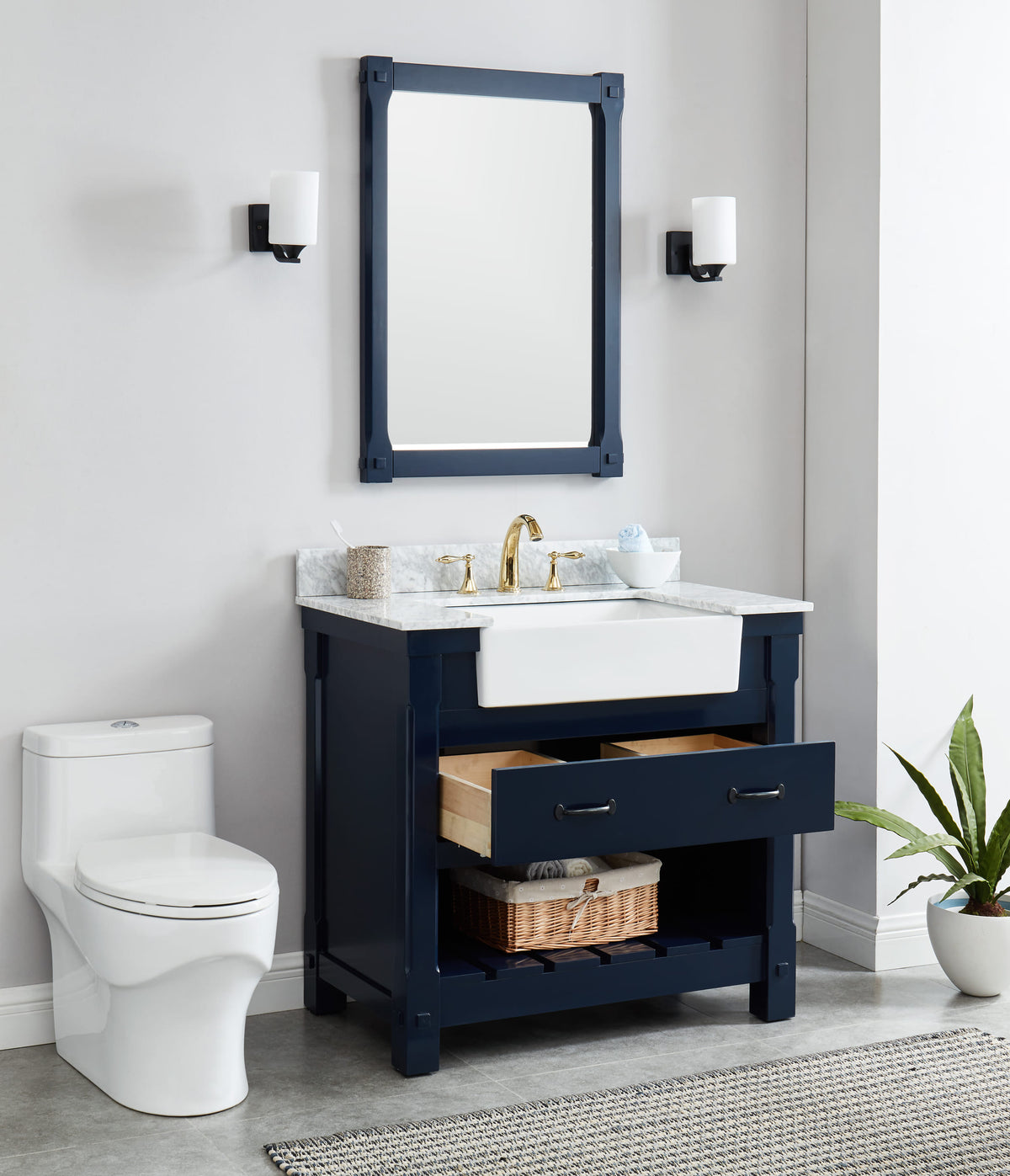 Farmington navy blue 36" Open Shelf Vanity Set with Premium Carrara Marble Top