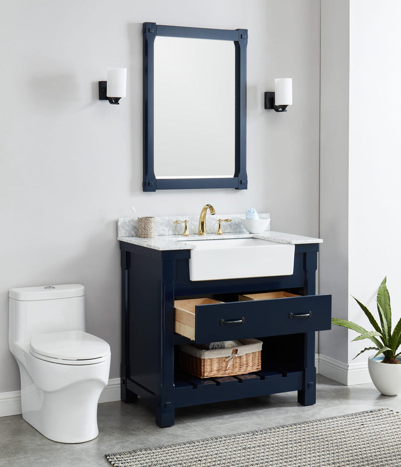 Farmington navy blue 36" Open Shelf Vanity Set with Premium Carrara Marble Top