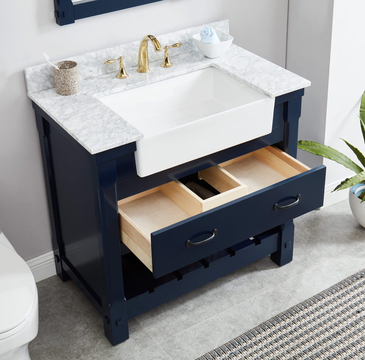 Farmington navy blue 36" Open Shelf Vanity Set with Premium Carrara Marble Top