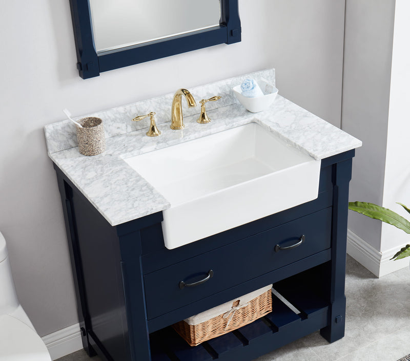 Farmington navy blue 36" Open Shelf Vanity Set with Premium Carrara Marble Top