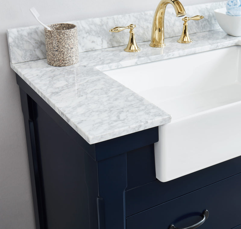 Farmington navy blue 36" Open Shelf Vanity Set with Premium Carrara Marble Top