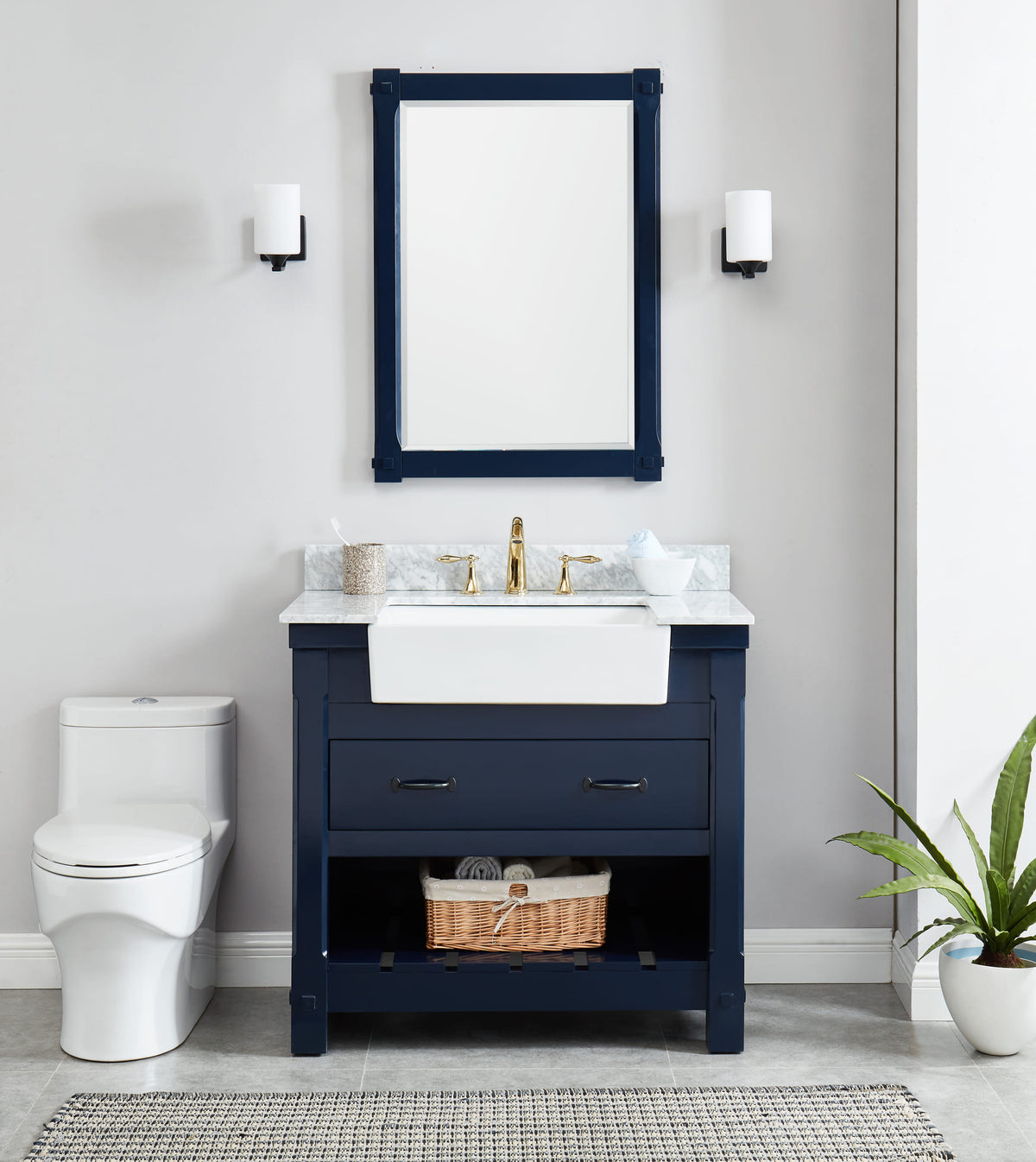Farmington navy blue 36" Open Shelf Vanity Set with Premium Carrara Marble Top