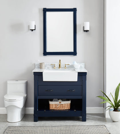 Farmington navy blue 36" Open Shelf Vanity Set with Premium Carrara Marble Top