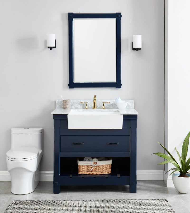 Farmington navy blue 36" Open Shelf Vanity Set with Premium Carrara Marble Top