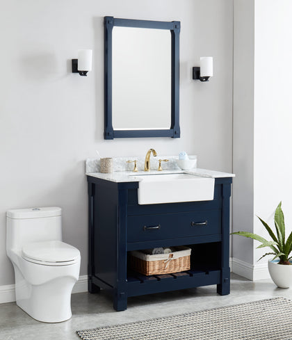 Farmington navy blue 36" Open Shelf Vanity Set with Premium Carrara Marble Top