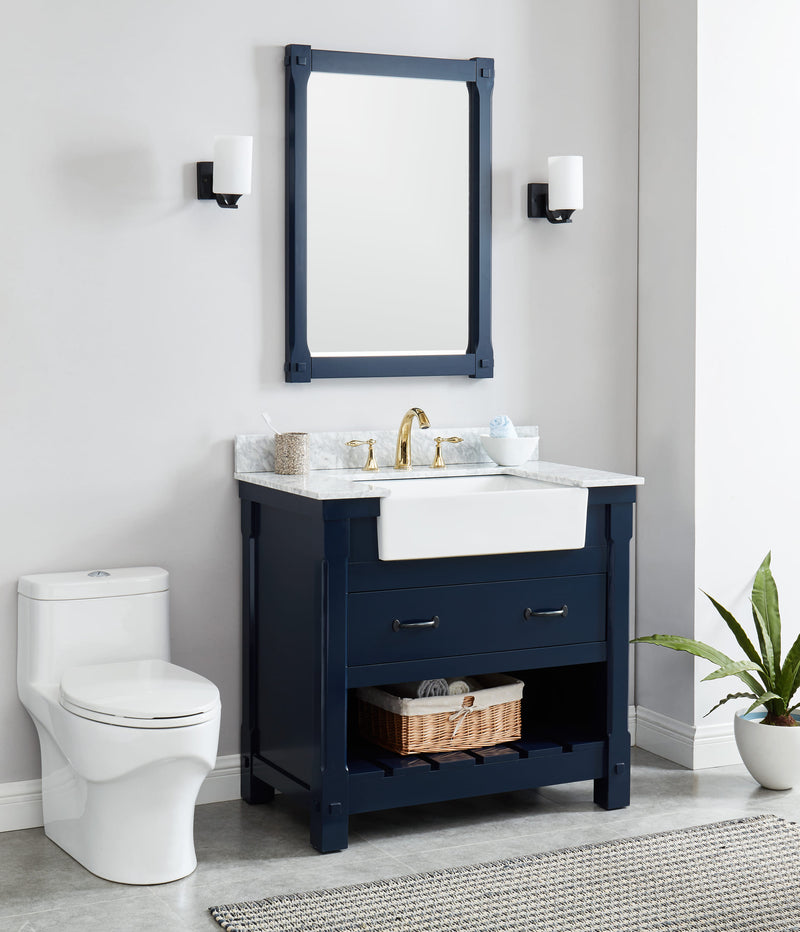 Farmington navy blue 36" Open Shelf Vanity Set with Premium Carrara Marble Top