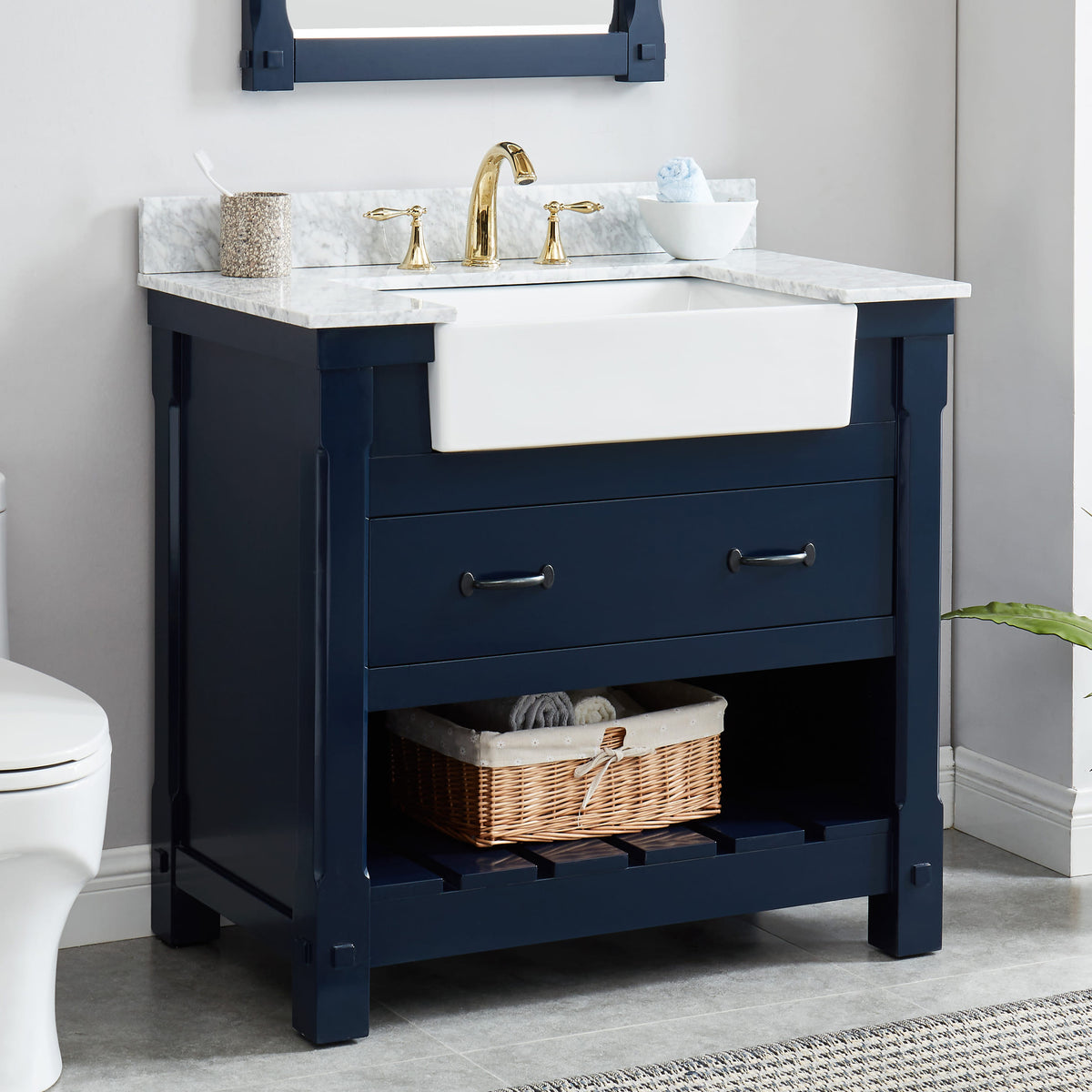 Farmington navy blue 36" Open Shelf Vanity Set with Premium Carrara Marble Top