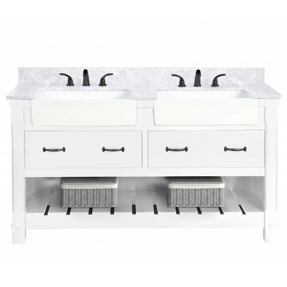 Farmington 60" Open Shelf Vanity Set with Premium Carrara Marble Top