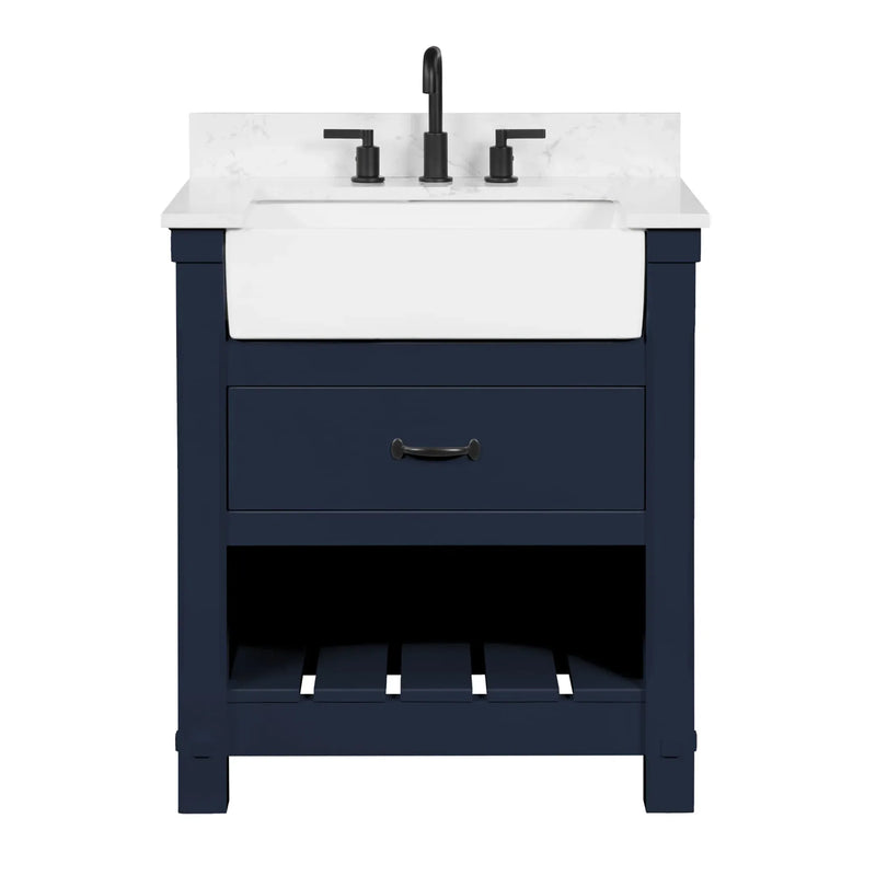 Farmington navy blue 30" Open Shelf Vanity Set with Premium Carrara Marble Top